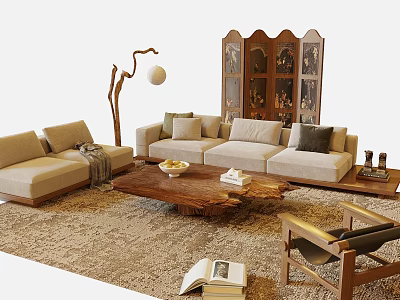 Beige Fabric Sofa And Wooden Coffee Table Set With Area Rug Floor Lamp And Accent Chair 3d model