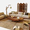 Beige Fabric Sofa And Wooden Coffee Table Set With Area Rug Floor Lamp And Accent Chair