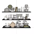 Elegant Assorted Tableware Set Displayed on Shelves with Plates Cups Teapot and Glassware