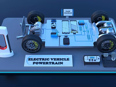 Electric Vehicle Powertrain Model With Battery Motor Wheels And Charging Components 3d model