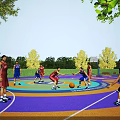 Outdoor Basketball Court With People Playing Basketball On Colorful Surface Surrounded By Trees And Sunlight