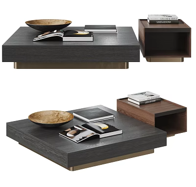 Modern Dark Coffee Table With Stacked Books Magazines And Decorative Bowl 3d model