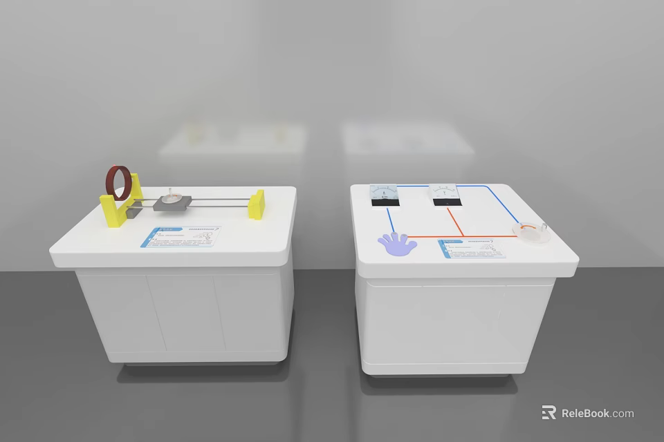 Two White Square Devices With Yellow Red Components Blue Lines And Purple Hand Icon 3d model