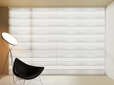White Venetian Blinds Covering Wall in Modern Interior with Black Chair and Floor Lamp 3d model