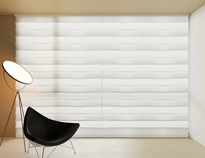 White Venetian Blinds Covering Wall in Modern Interior with Black Chair and Floor Lamp 3d model