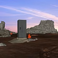 Stylish Modern Black Refrigerator Freezer In Elegant Pink Rock Natural Landscape With Purple Sunset Sky