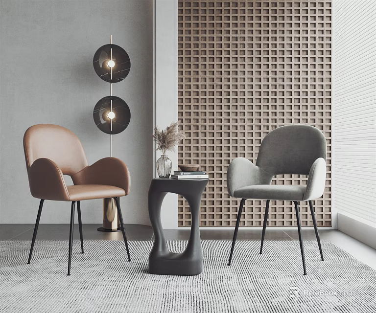 Modern Brown and Gray Upholstered Chairs with Black Accent Table Textured Wall and Round Lights 3d model 