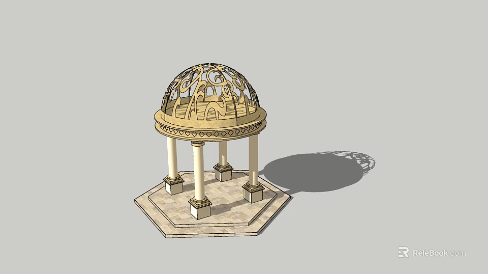 Ornate Stone Gazebo With Intricate Dome Lattice And Hexagonal Base Columns 3d model