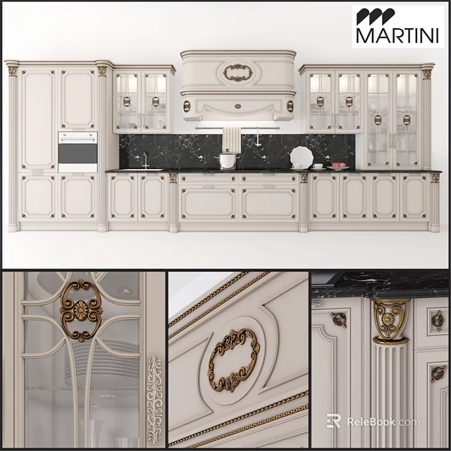 European Style White Kitchen Cabinets With Intricate Carvings Gold Accents And Glazed Doors 3d model 