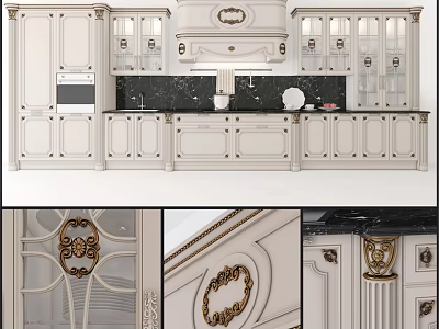 European Style White Kitchen Cabinets With Intricate Carvings Gold Accents And Glazed Doors 3d model