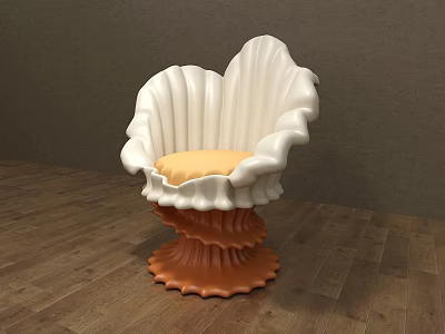 Stylish Shell Shaped Accent Chair with White Curved Backrest Orange Cushion and Wavy Base 3d model