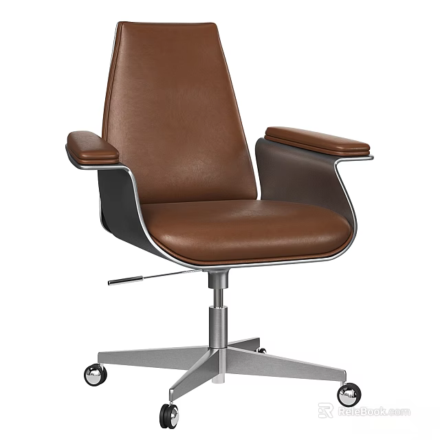 Modern Desk And Chair Set With Brown Leather Armrests Metal Base And Rolling Wheels 3d model 