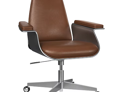 Modern Desk And Chair Set With Brown Leather Armrests Metal Base And Rolling Wheels 3d model
