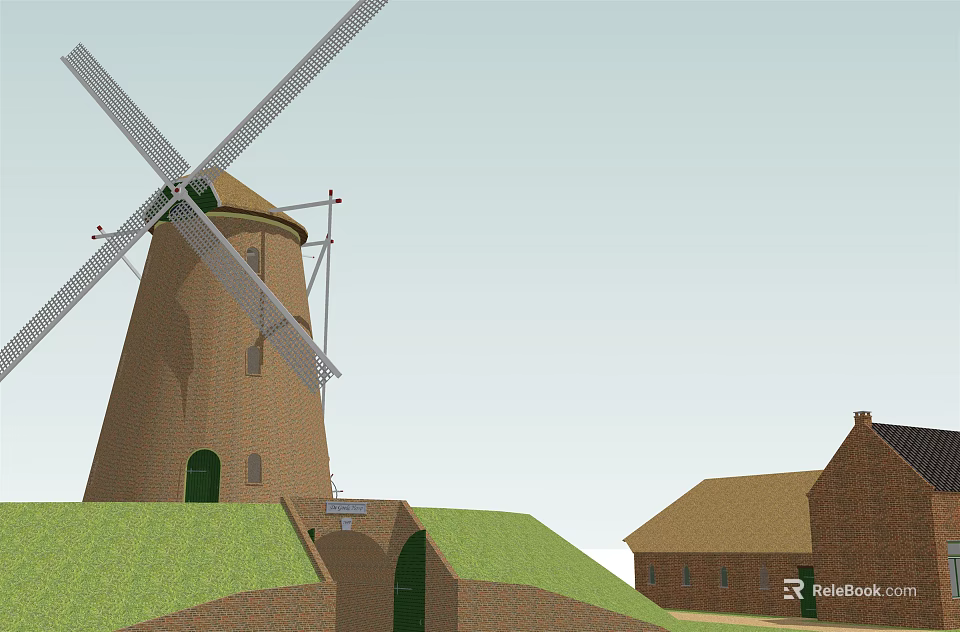 Traditional Windmill Structure With Wooden Blades Tower And Adjacent Brick Houses 3d model 