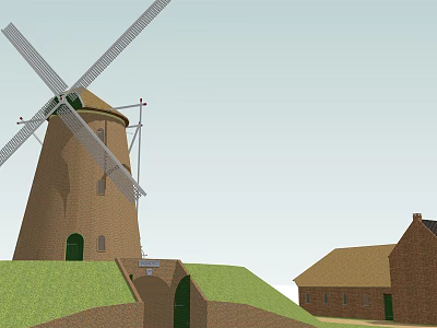 Traditional Windmill Structure With Wooden Blades Tower And Adjacent Brick Houses 3d model