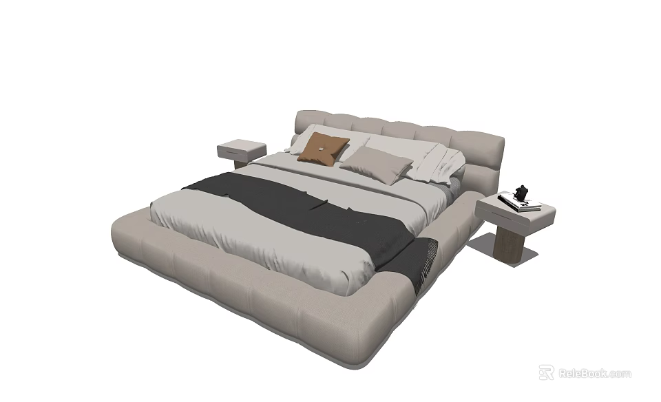 Modern Double Bed With Upholstered Headboard Gray Black Bedding And Side Nightstands 3d model 