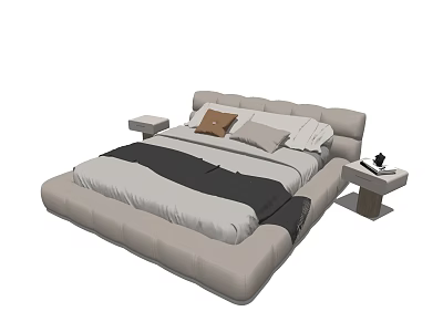 Modern Double Bed With Upholstered Headboard Gray Black Bedding And Side Nightstands 3d model