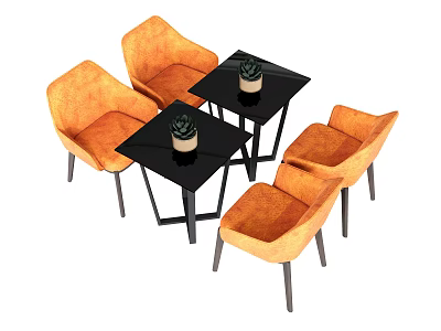 Modern Table and Chair Set with Black Square Tables Orange Chairs and Small Potted Plants 3d model