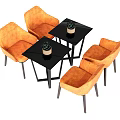 Modern Table and Chair Set with Black Square Tables Orange Chairs and Small Potted Plants