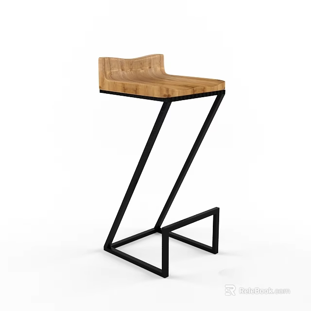 Modern Bar Stool With Wooden Seat And Black Geometric Metal Frame 3d model 