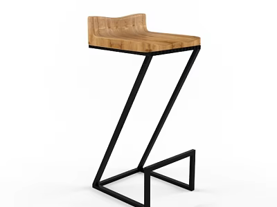 Modern Bar Stool With Wooden Seat And Black Geometric Metal Frame 3d model