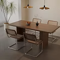Modern Dining Table And Chairs Set With Wooden Top Metal Frame And Hanging Lights