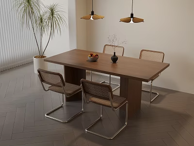 Modern Dining Table And Chairs Set With Wooden Top Metal Frame And Hanging Lights 3d model