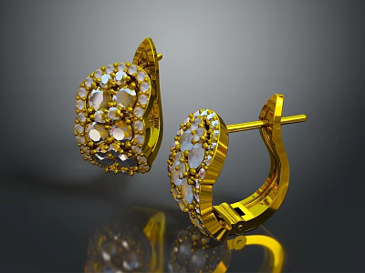 Fashionable Golden Earrings With White Gemstones And Decorative Stud Hoop Design 3d model