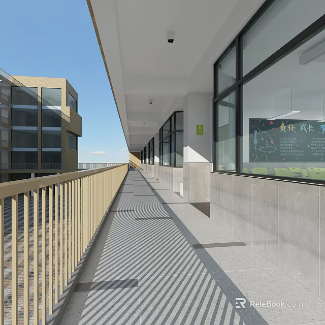 Modern Elevator Corridor With Glass Windows Wooden Railing And Sunlight Shadows On Floor 3d model