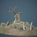 Desolate Hill Scene With Dead Tree Stone Cross And Stone Monuments