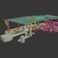 Wooden Canopy Market Structure With Multiple Stalls Displayed Goods And Potted Plant