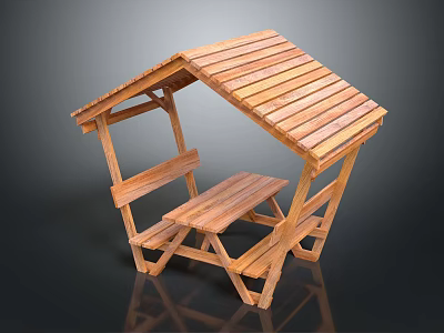 Wooden Outdoor Picnic Bench Structure With Table And Covered Roof Design 3d model