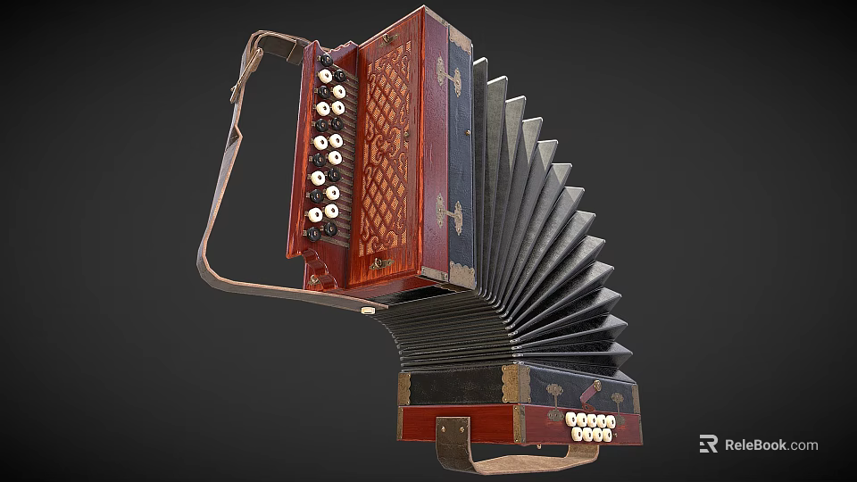 Vintage Wooden Accordion Musical Instrument With Retro Bellows And Handheld Keys Design 3d model 