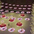 Illuminated Decorative Scene With Hanging Circular Lamps Purple Umbrella Shaped Structures And Trees