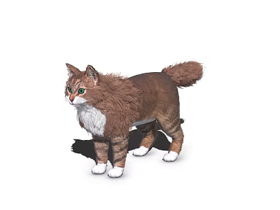 Brown And White Long Haired Cat With Green Eyes Standing Pose Fluffy Fur And Tail 3d model