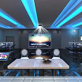 Modern Lounge Area With Blue Ceiling Lighting Sofas Display Shelves And Tables 3d model
