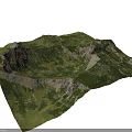 Group of People Hiking Through Mountainous Terrain With Green Slopes and Rocky Peaks