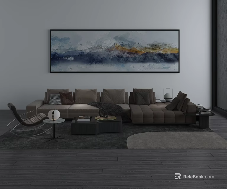Modern Living Room With Brown Sofa Coffee Table Set Cushions Rocking Chair And Abstract Painting 3d model 