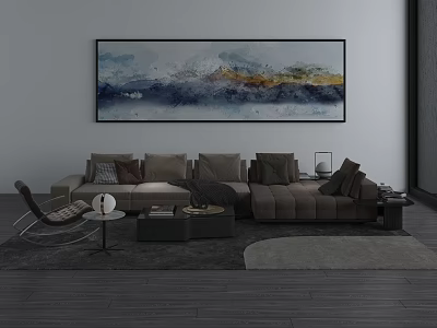 Modern Living Room With Brown Sofa Coffee Table Set Cushions Rocking Chair And Abstract Painting 3d model