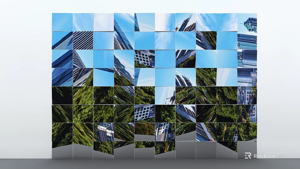 Decorative Background Wall With Multiple Blue And Green Squares Showing Urban Buildings And Tree Reflections 3d model 