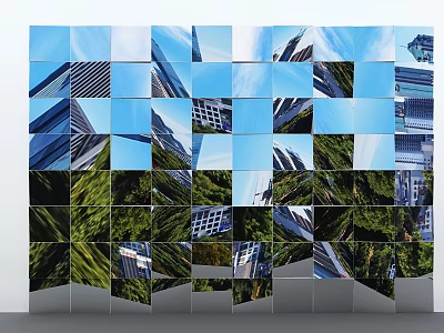 Decorative Background Wall With Multiple Blue And Green Squares Showing Urban Buildings And Tree Reflections 3d model