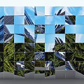 Decorative Background Wall With Multiple Blue And Green Squares Showing Urban Buildings And Tree Reflections