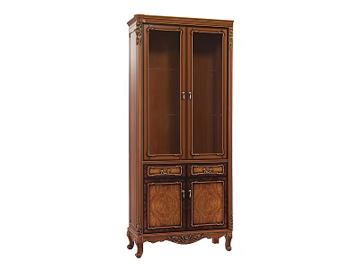 Antique Style Wooden Bookcase With Glass Doors Drawers And Ornate Carvings 3d model