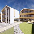 Modern White Multistory School Buildings Featuring Large Glass Windows Colorful Geometric Decorations And Green Lawn