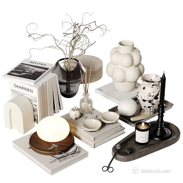 Modern Minimalist Decorative Ornament Collection With Vases Books Candles Trays And Decorative Balls 3d model 