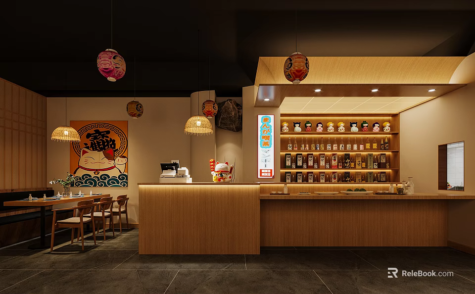 Japanese Restaurant Interior With Wooden Counter Hanging Lanterns Bottle Shelves And Wall Art 3d model 
