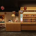 Japanese Restaurant Interior With Wooden Counter Hanging Lanterns Bottle Shelves And Wall Art
