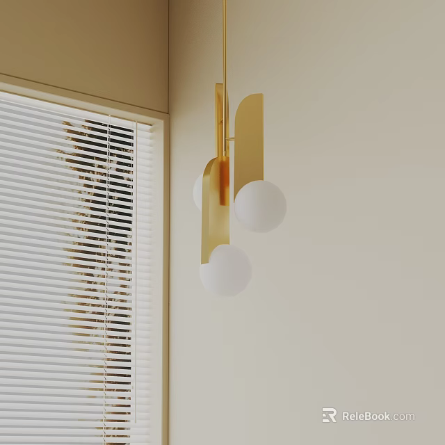 Golden Modern Chandelier With White Globe Lamps In Minimalist Room With Window Blinds 3d model 