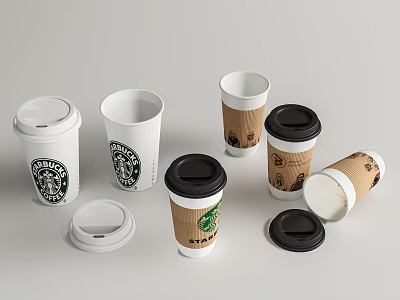 Starbucks Cups Collection Featuring White Logo And Brown Paper Designs With Lids 3d model