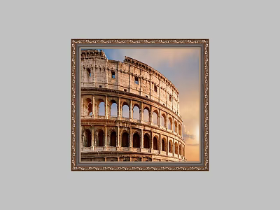 Vintage Colosseum Landscape Painting with Golden Ornate Frame and Warm Sunset Sky Background 3d model